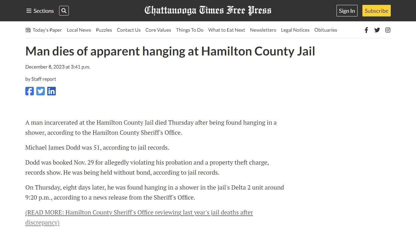 Man dies of apparent hanging at Hamilton County Jail